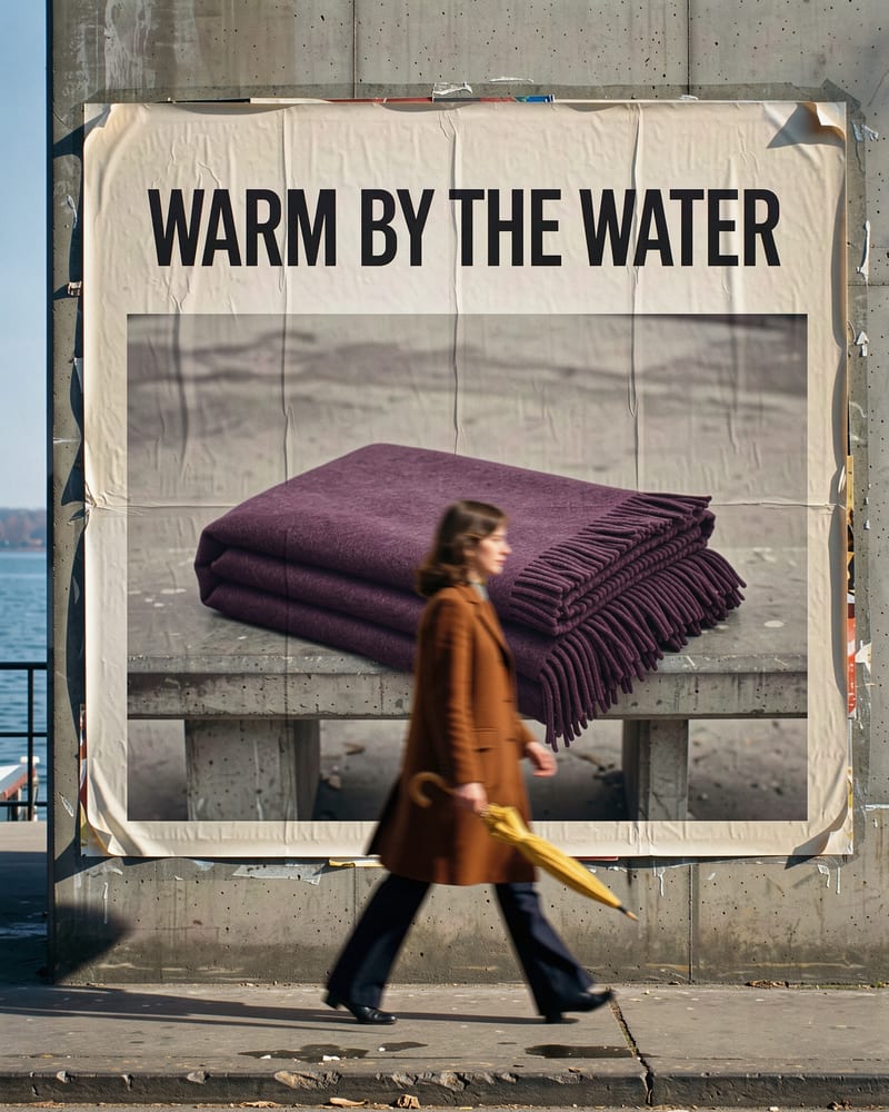 Street poster headlined WARM BY THE WATER above a folded plum wool blanket, a woman in a camel coat with a yellow umbrella walking past