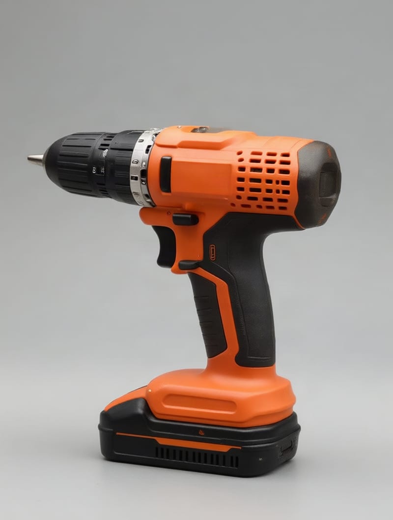 Orange cordless drill viewed from the side after a horizontal camera rotation.