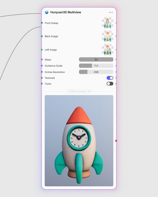 Hunyuan3D Multiview node displaying its native textured rocket clock