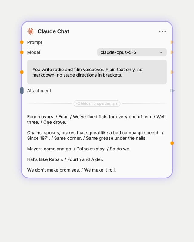 Claude Chat node settings: model claude-opus-5-5, a voiceover system prompt, and the slash-marked voiceover it returned