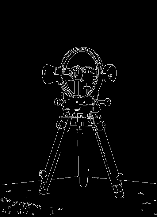 Actual Canny edge map of a brass surveying instrument and its tripod.