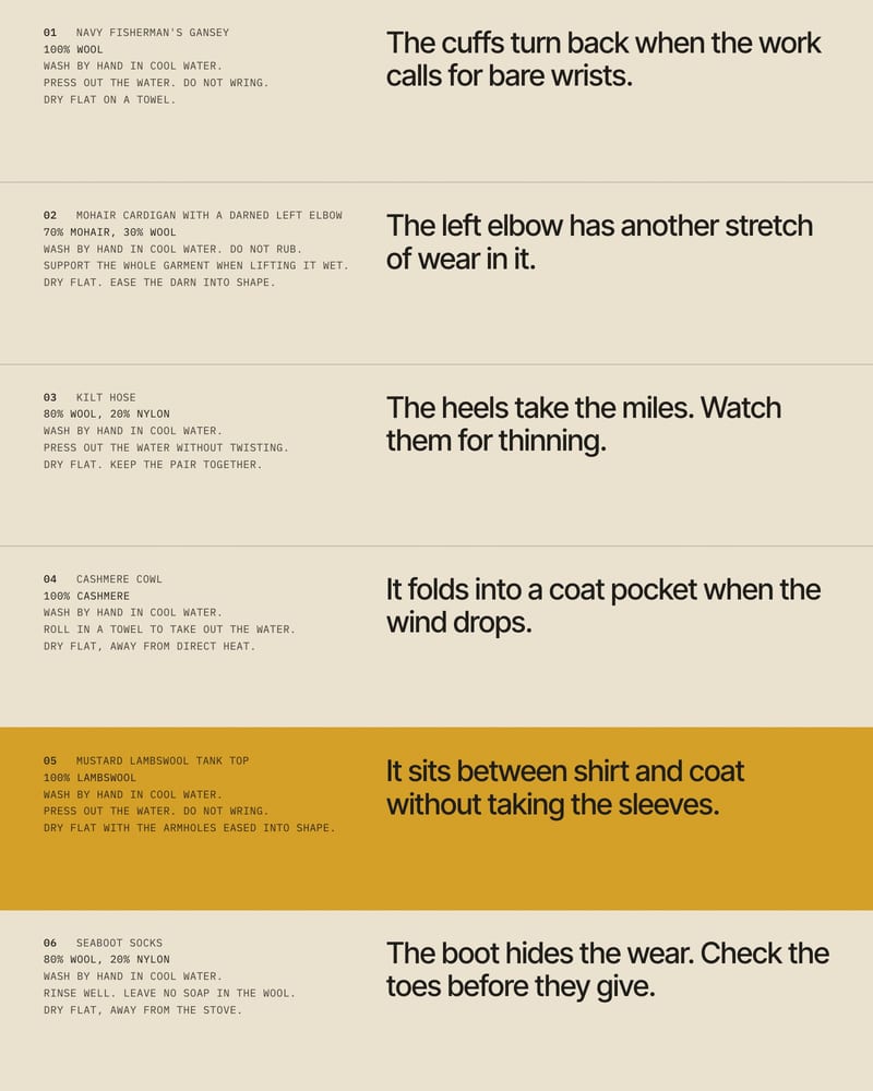 Six Pennick Mill care labels in one voice, each closing line set large; the mustard tank top row in a mustard band
