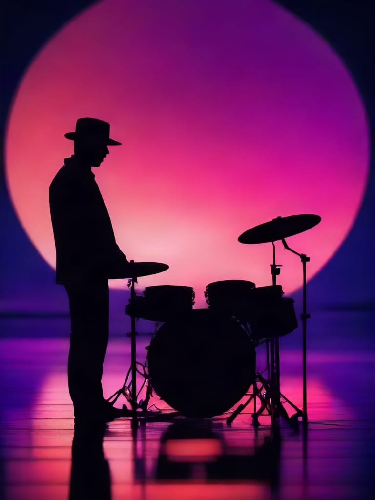 Silhouetted musician and drum kit on a reflective stage beneath a giant pink moon.