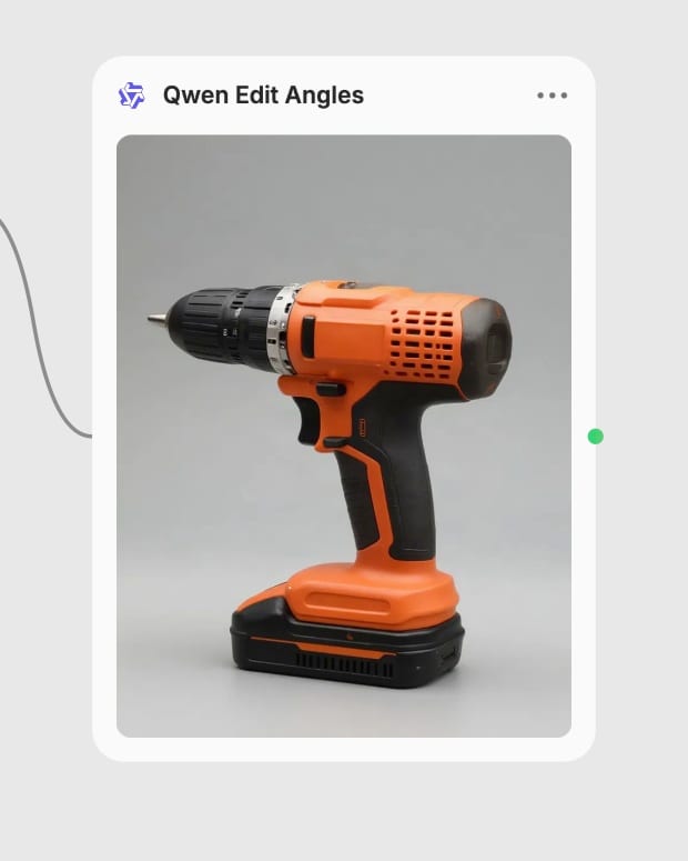 The actual rotated orange drill result displayed in its Qwen Edit Angles node.