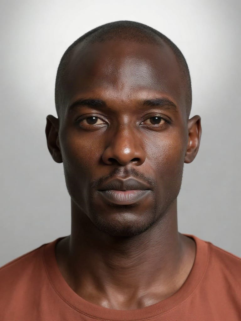 Skin Enhancer portrait of a man in a terracotta shirt with soft studio highlights.