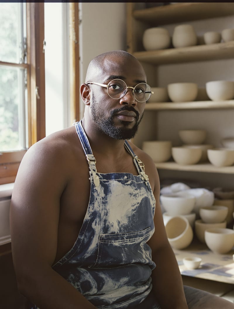 Fictional 35mm-style documentary portrait of a ceramicist with round glasses in a clay-stained apron.