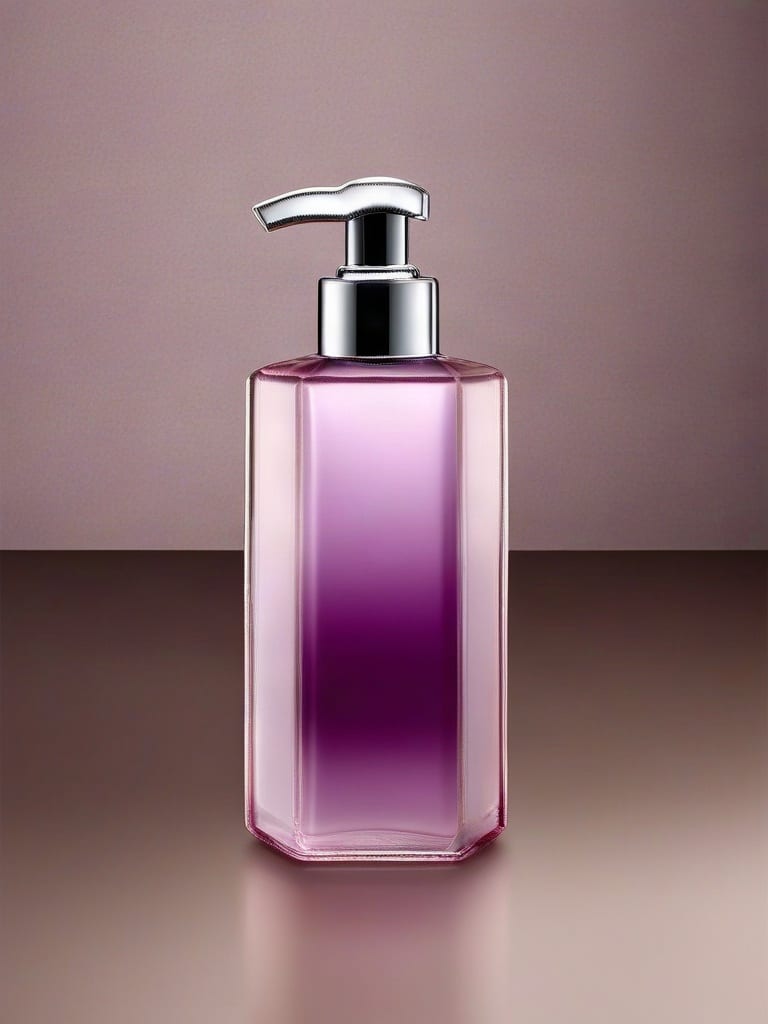 Faceted violet cosmetic pump bottle with a silver dispenser and crisp container edges.
