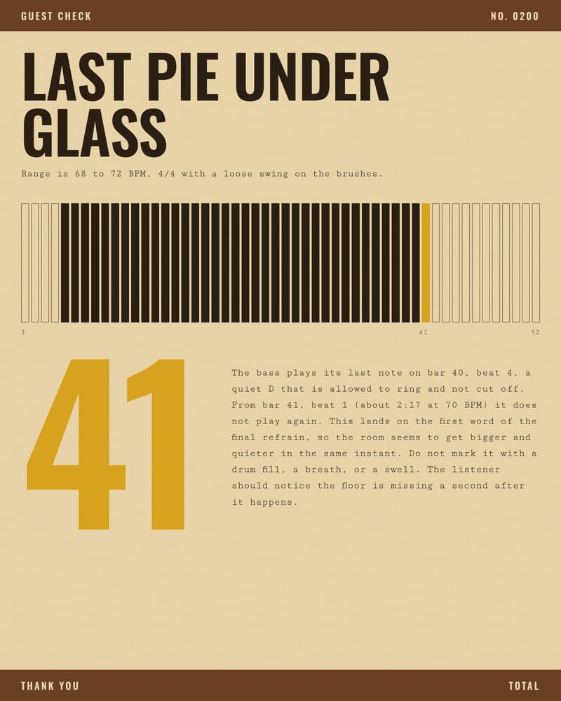 Diner guest check: "Last Pie Under Glass", a 52-bar strip, and a huge mustard 41 beside the note on where the bass drops out