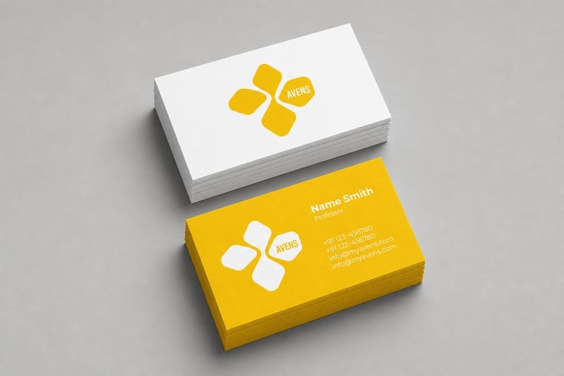 Yellow and white business card mockups with an Avens flower logo, from Merch Mockups from a Logo.