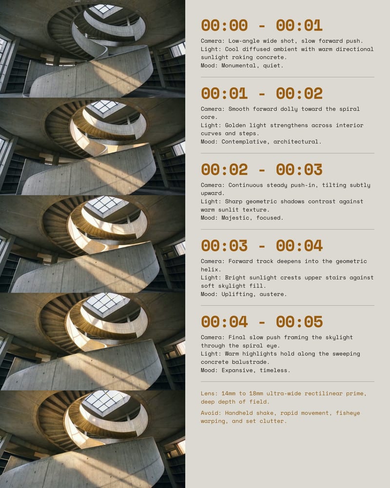 Five frames of a sunlit concrete spiral staircase beside second-by-second production notes for camera, light and mood