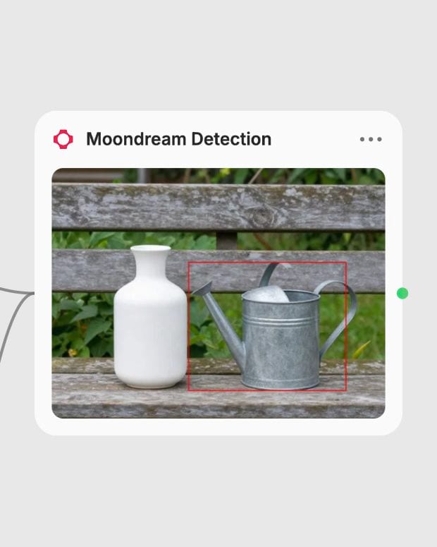 Completed Moondream Detection node in Fuser with a red bounding box around a watering can.