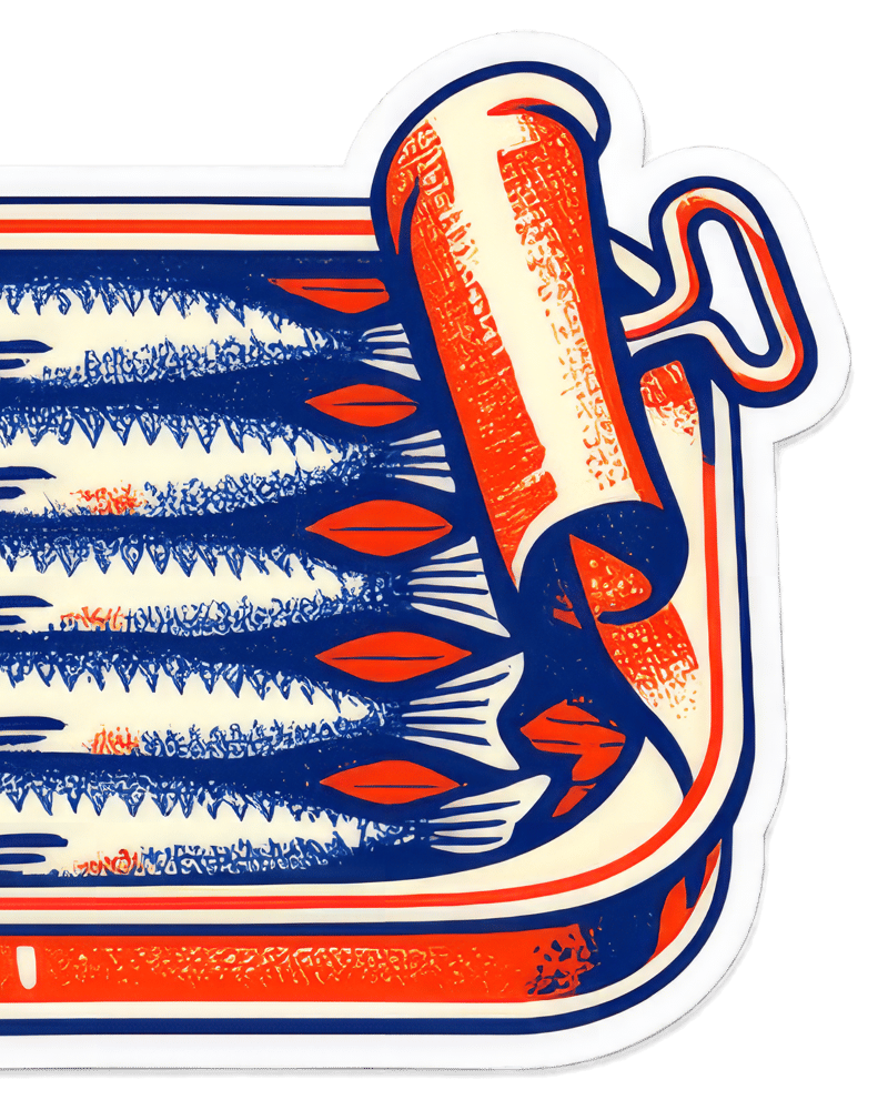 Die-cut sardine tin sticker in cobalt and tomato red, its curled lid and key on a transparent background, enlarged four times with Topaz Transparent.