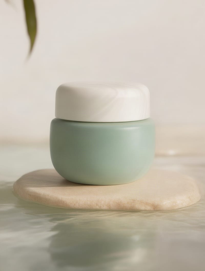 Sage-green cosmetic jar on pale stone surrounded by softly reflective water.