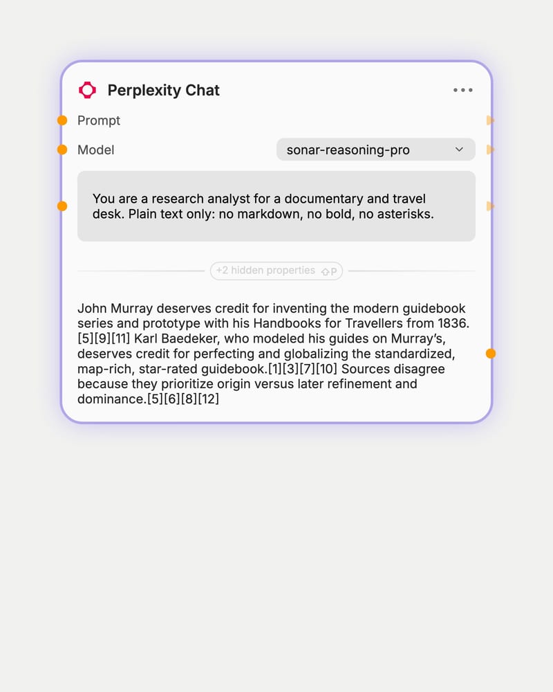 Perplexity Chat node on sonar-reasoning-pro weighing Murray against Baedeker as inventor of the modern guidebook, with citations