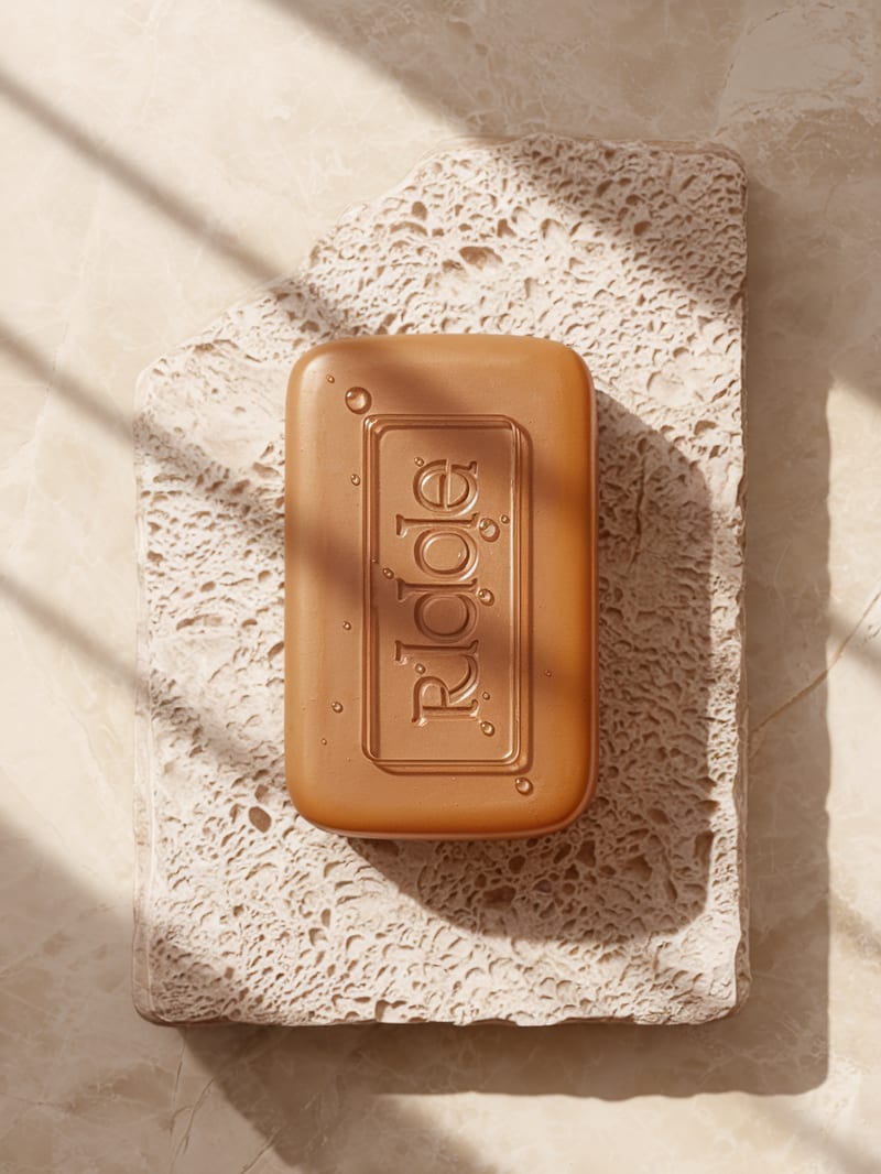 Burnt-orange soap bar with embossed RIDGE lettering on pale stone.