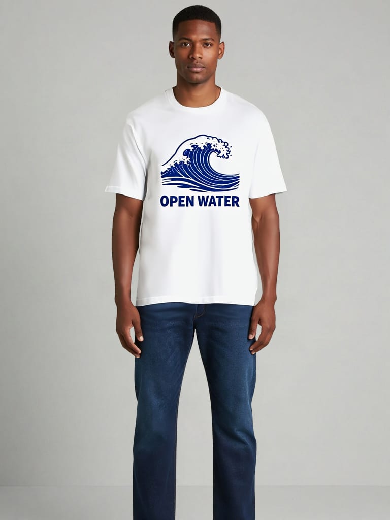 Fashn Tryon streetwear result showing an OPEN WATER graphic tee with a blue wave illustration.
