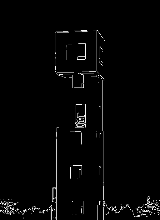 Actual Canny edge map of an angular tower, extracted with low threshold 100 and high threshold 200.