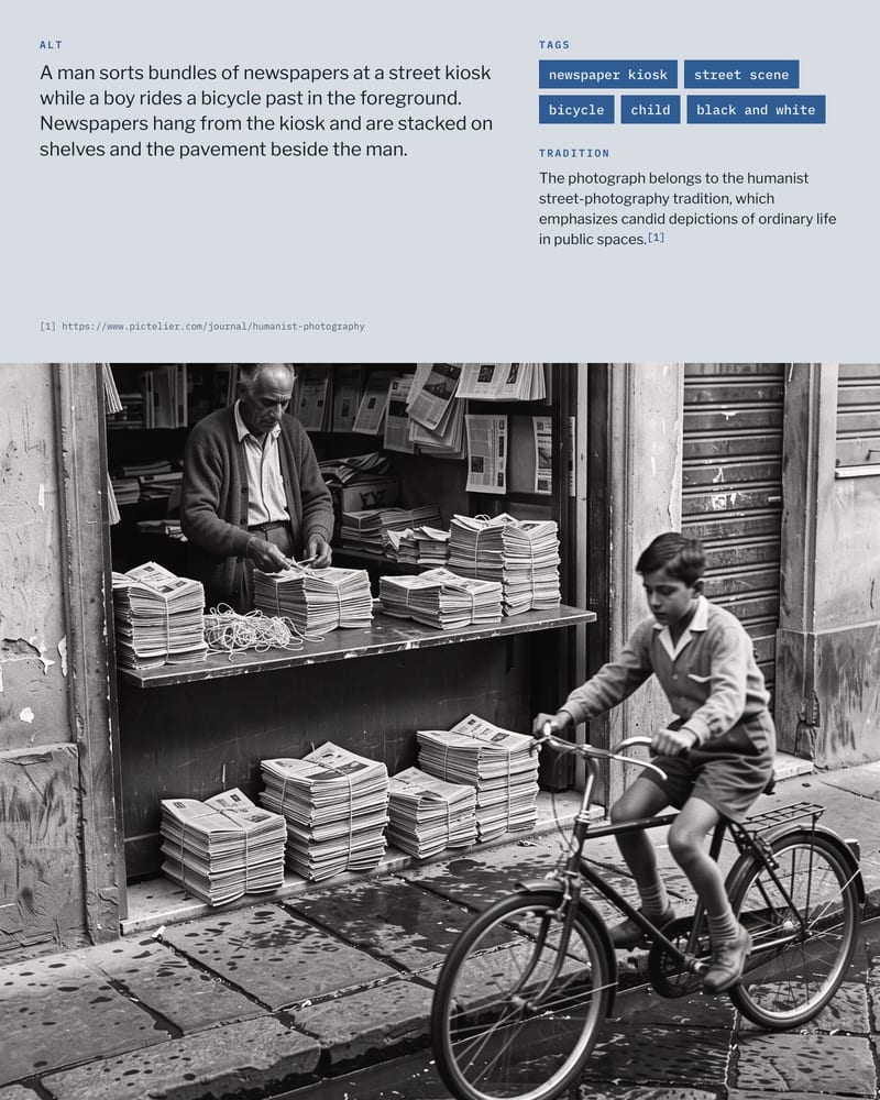 Black-and-white photo of a newspaper kiosk and a boy cycling past, below its alt text, five tags and its cited photographic tradition