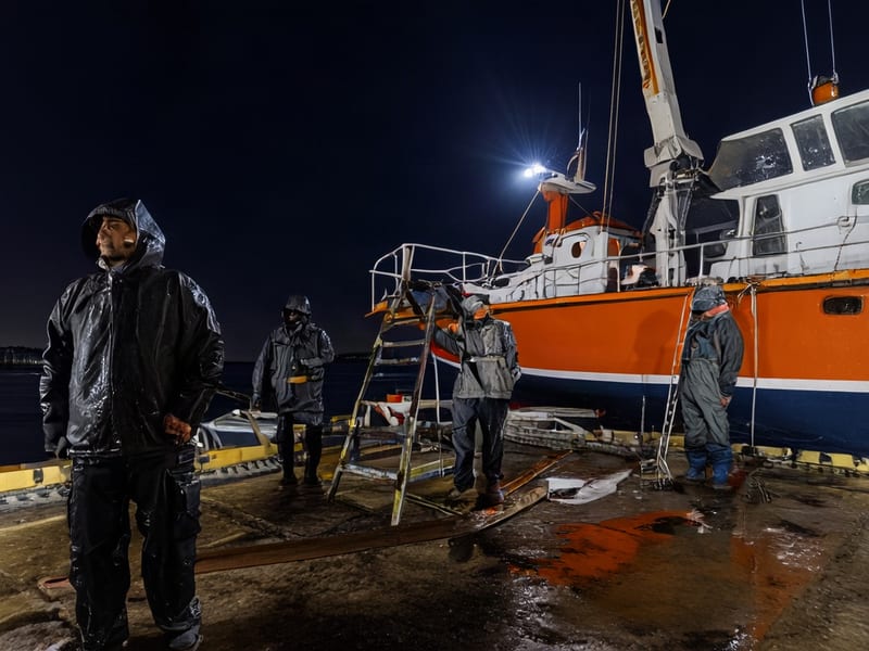 Night harbor crew repairing an orange rescue boat under work lights, generated with Wan-2.2 Lite.