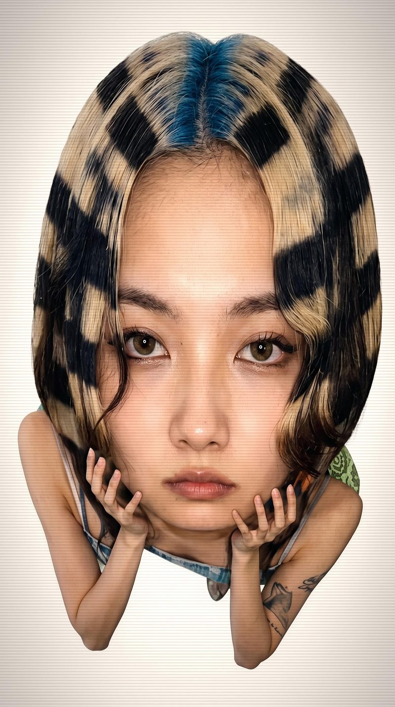 Stylized portrait concept of a woman resting her chin on her hands, with a black and gold plaid hair pattern.