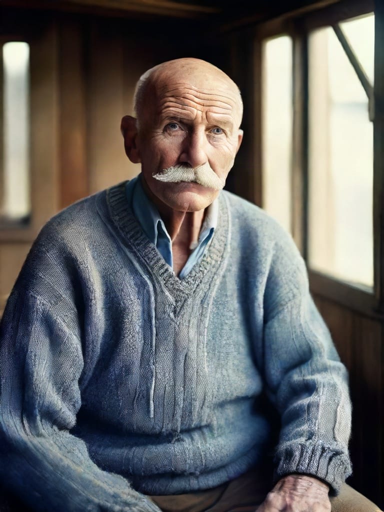 Fictional archival portrait of an elderly man with a white moustache and blue sweater beside a boathouse window.