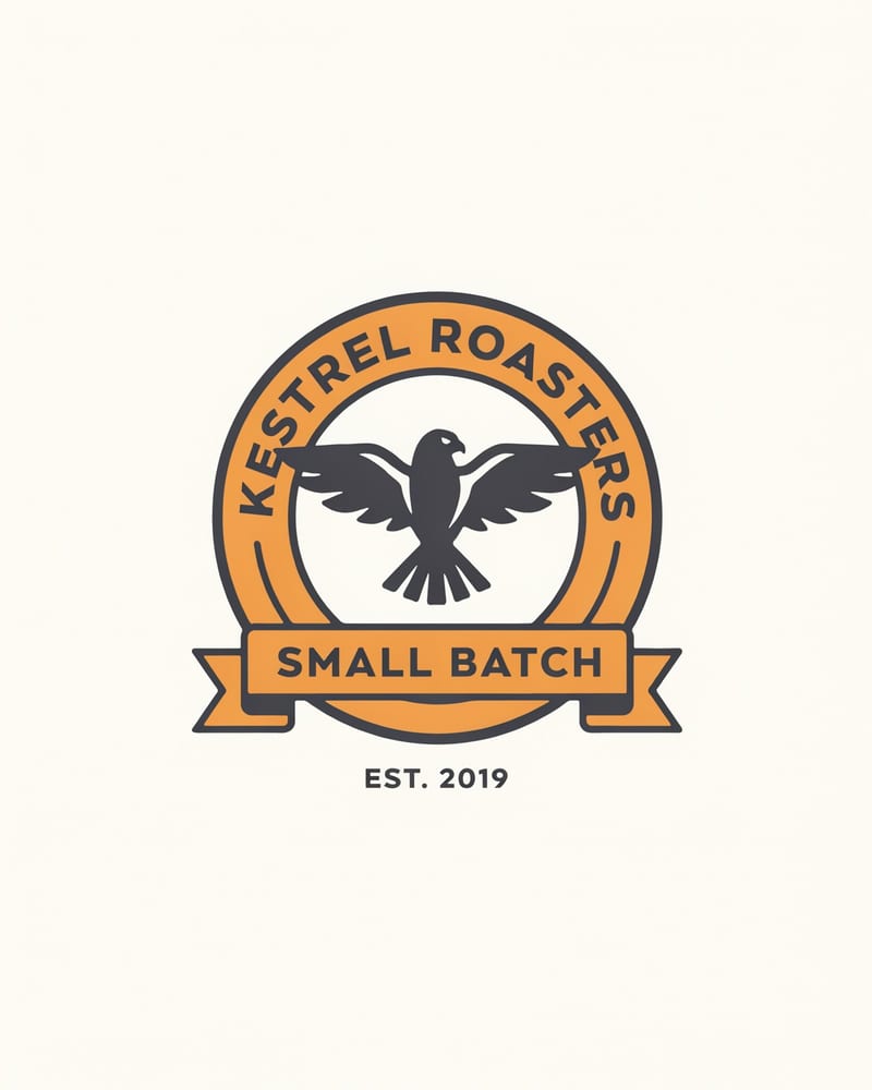 Orange and charcoal vector badge with a kestrel, ring text KESTREL ROASTERS, a SMALL BATCH ribbon and EST. 2019 beneath on an off-white background