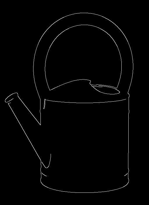 Actual binary Canny edge map of a watering can, isolating its handle, body and spout on black.