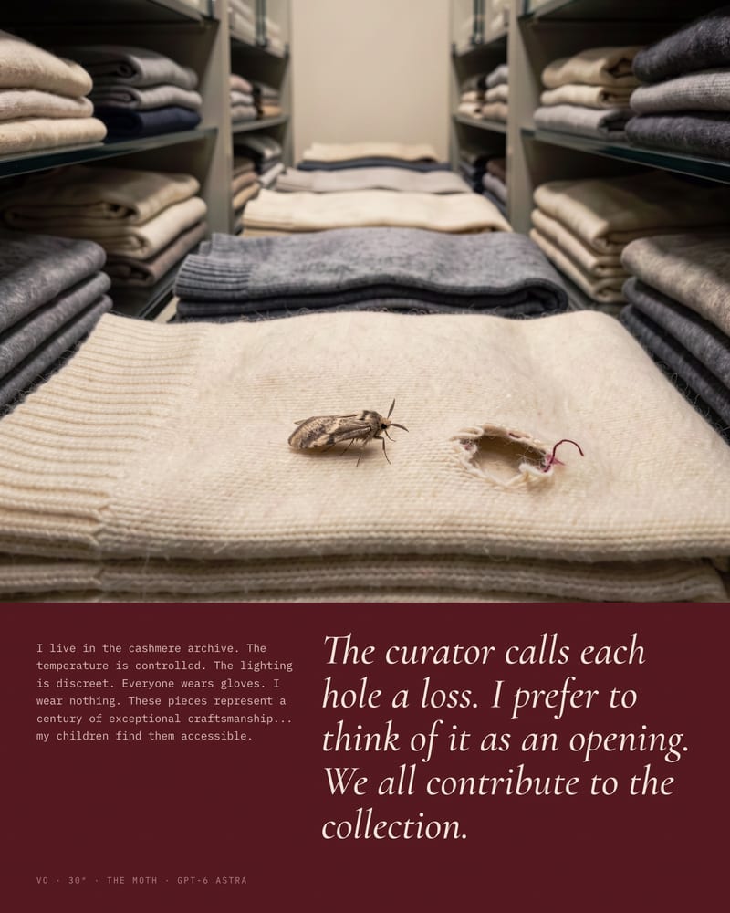 Clothes moth beside a hole in ivory cashmere in an archive, above the moth's deadpan voiceover on burgundy