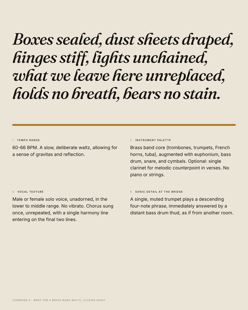 Brass-band waltz chorus in large italic serif above a song brief listing tempo, instruments, voice and the bridge detail