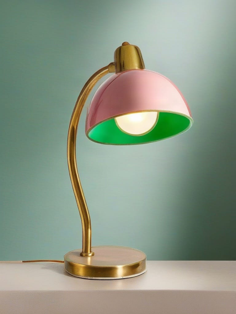 Brass desk lamp with a pink and green shade, generated with Control Scale set to 1.