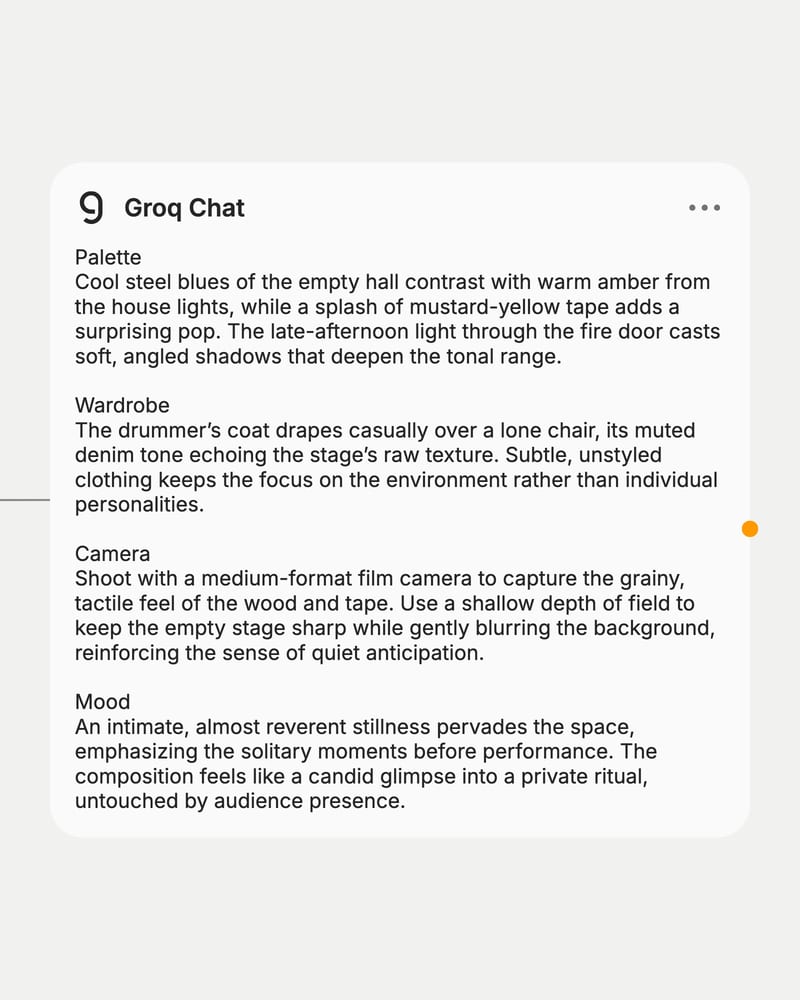 Groq Chat node output: an art direction brief with Palette, Wardrobe, Camera and Mood sections, wired onward to the next node