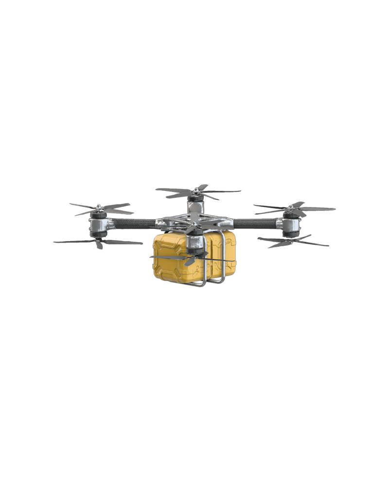 industrial heavy-lift cargo drone with four thick carbon-fiber arms, titanium frame, mustard payload module, all rotors visible — rendered from a native meshy 3D generation