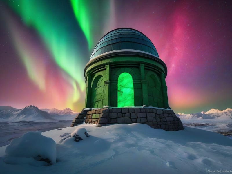 Stone observatory beneath green and magenta aurora in a snowy landscape.