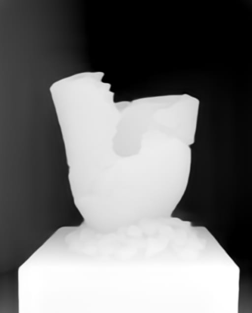 Grayscale depth map of a fractured stoneware vessel with a broken-open front and a pile of shards on a plinth