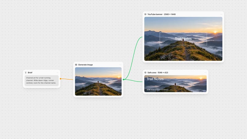 Fuser canvas: a generated mountain-trail image composed into a 2560 by 1440 YouTube banner and its 1546 by 423 safe area for every device.