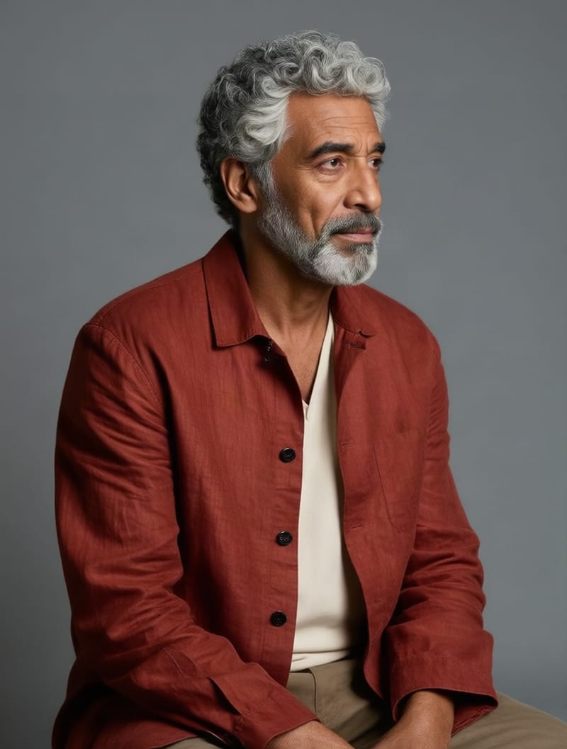 Three-quarter portrait of a silver-haired man in a rust-red jacket after camera rotation.