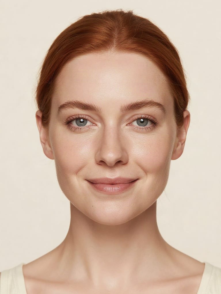 Skin Enhancer beauty portrait of a smiling red-haired woman against a cream backdrop.