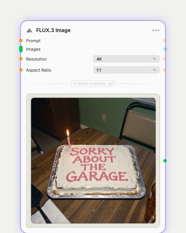 FLUX.3 Image node settings showing 4K resolution and 1:1 aspect ratio above a sheet cake iced SORRY ABOUT THE GARAGE