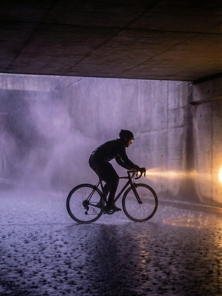 Cyclist riding through a misty purple underpass with a glowing headlight.