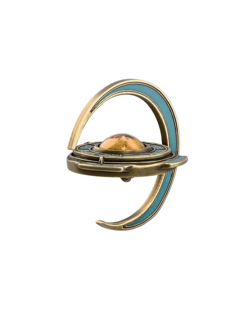 fantasy celestial compass prop, teal enamel, aged brass, stylized crescent ring and a faceted amber crystal, compact robust construction — rendered from a native meshy 3D generation