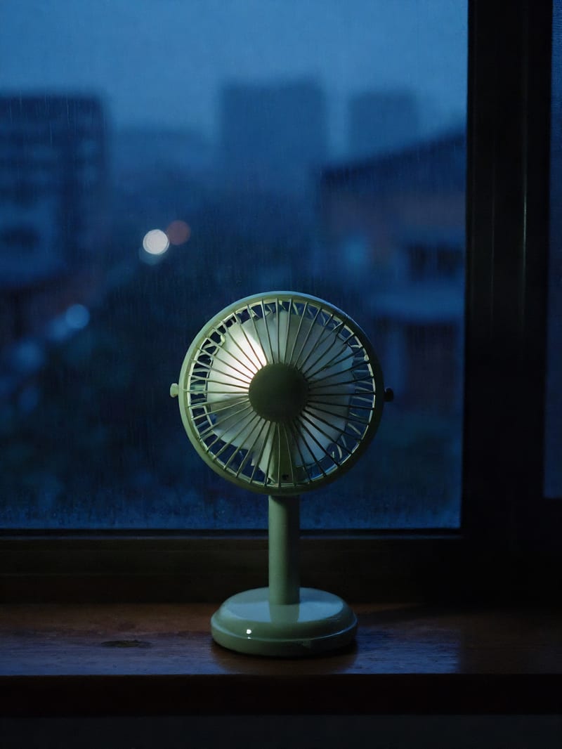 Low-light photograph of a green desk fan processed with the actual ESRGAN Wide Denoise network.