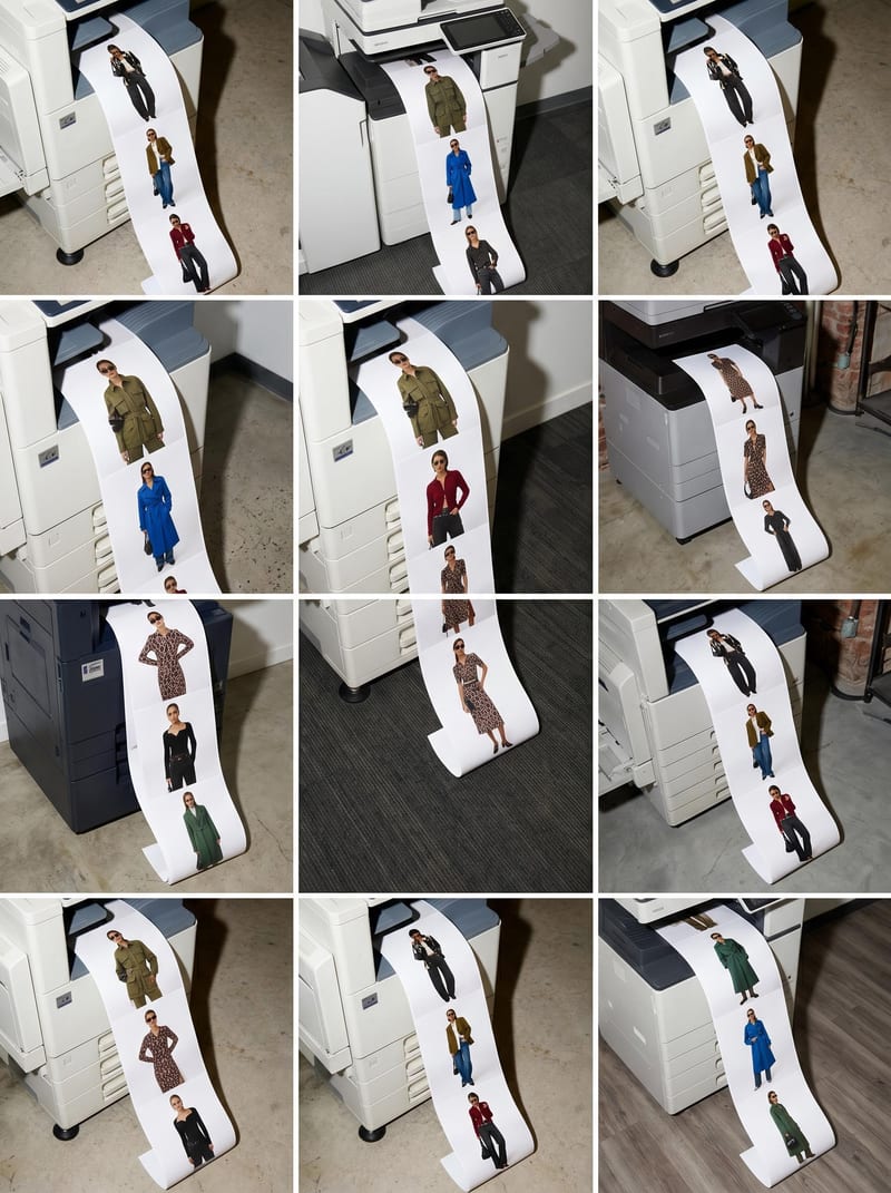 Grid of surreal concept variations showing miniature figures on strips of paper emerging from office printers.