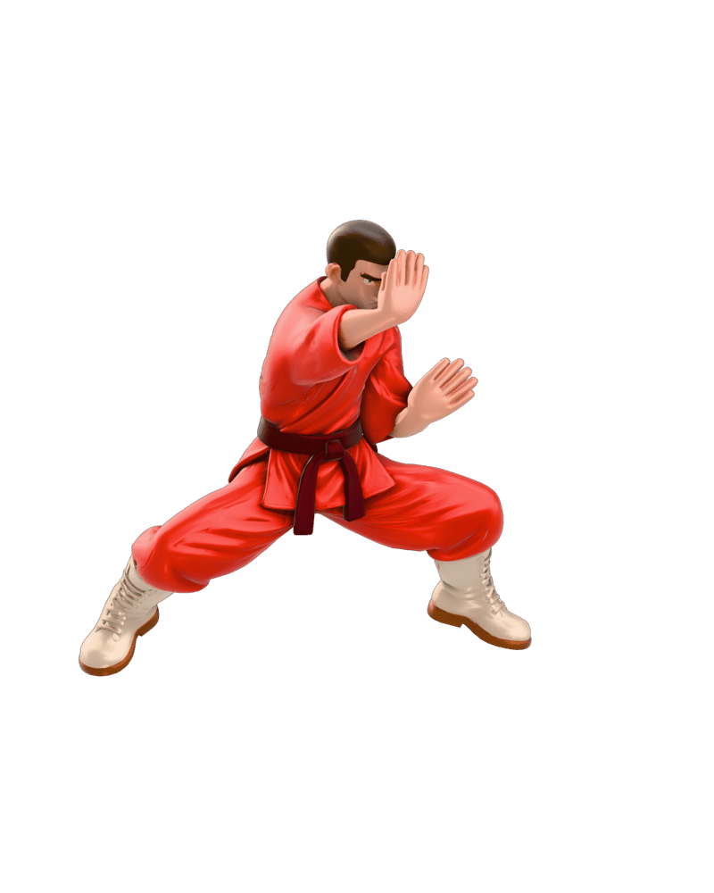 Character rigged and posed using native Meshy Rigging: gallery combat.