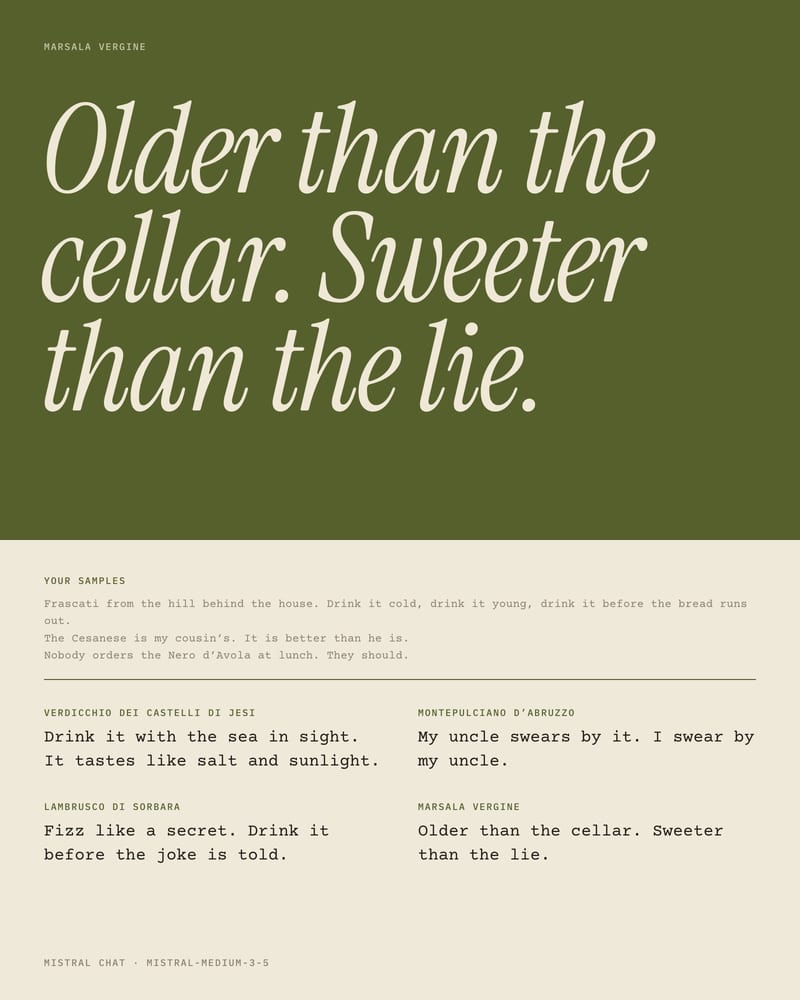 Olive and cream wine-list page: “Older than the cellar. Sweeter than the lie.” set large above voice samples and four wine notes