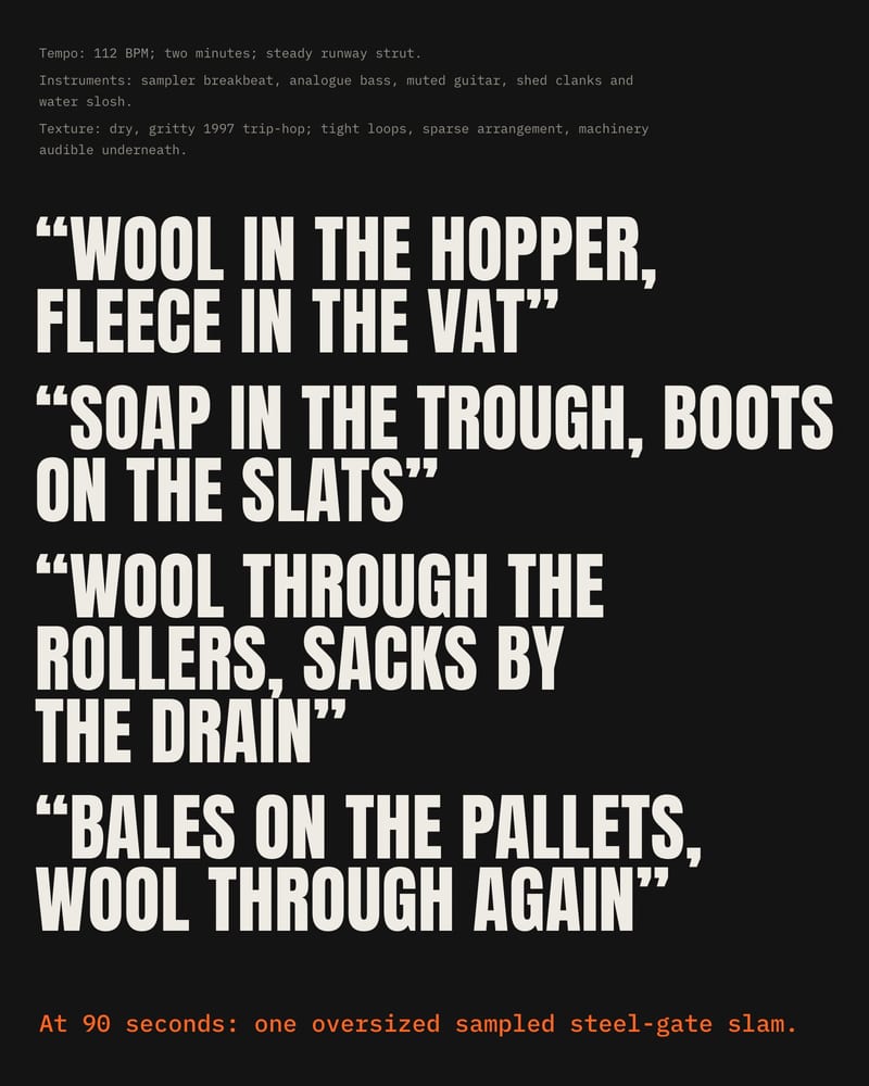 Black poster of four hook lines about a wool-scouring shed in big condensed caps, with tempo notes and an orange cue