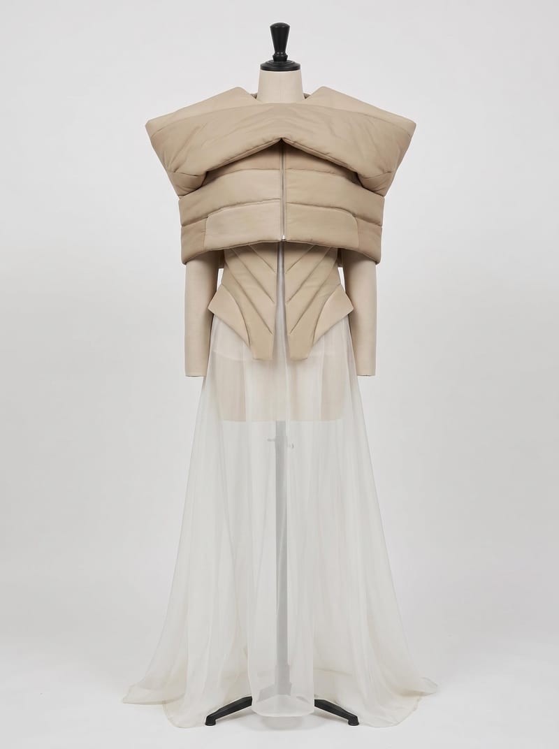 Garment concept on a dress form with a sculptural beige bodice and a long sheer ivory skirt.