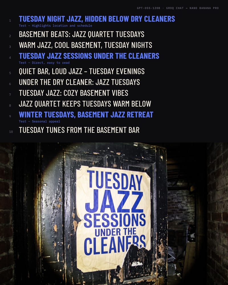 Ten jazz-night poster headlines with three marked to test, above a flash photo of the winning poster pasted on a basement bar door