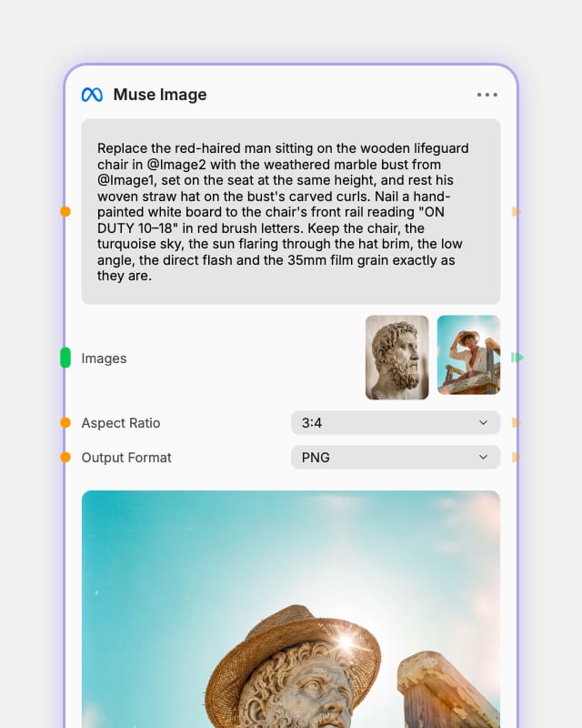 Muse Image node settings: edit prompt naming @Image1 and @Image2, two connected images, 3:4 aspect ratio, PNG output