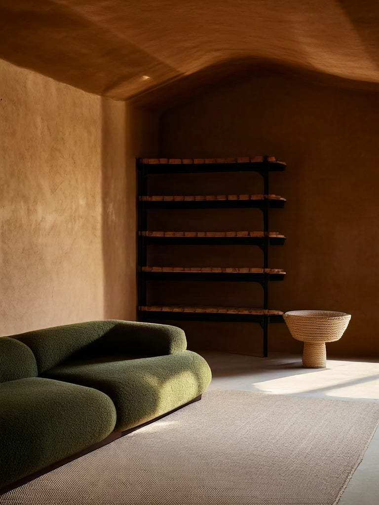 Rammed-earth listening room with curved green seating and warm sunlight, generated with Wan-2.2 Lite.