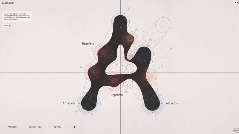 Abstract letterform concept with guide lines and control markers on a pale background.